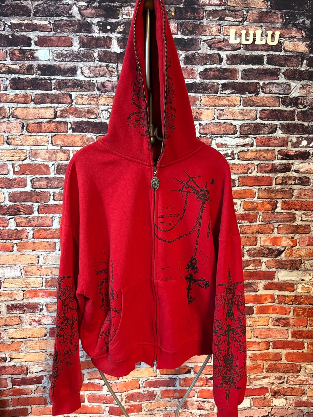 Vitriol Lenexa Red Zip Hoodie with Black Graphic Accents Streetwear Size Small